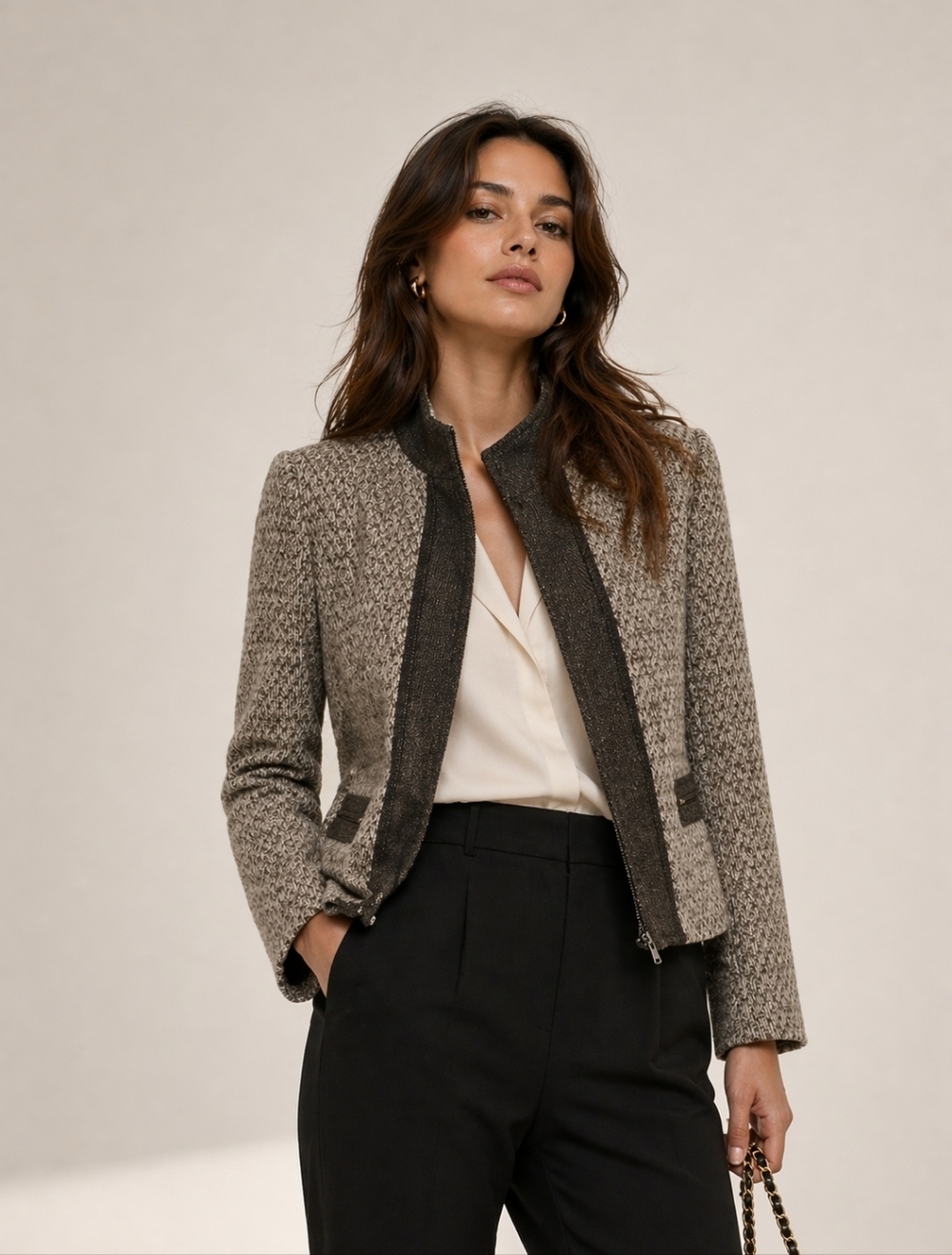 Linda Allard Ellen Tracy Tweed Jacket Blazer Wool Blend Brown Cream Zip Front Si